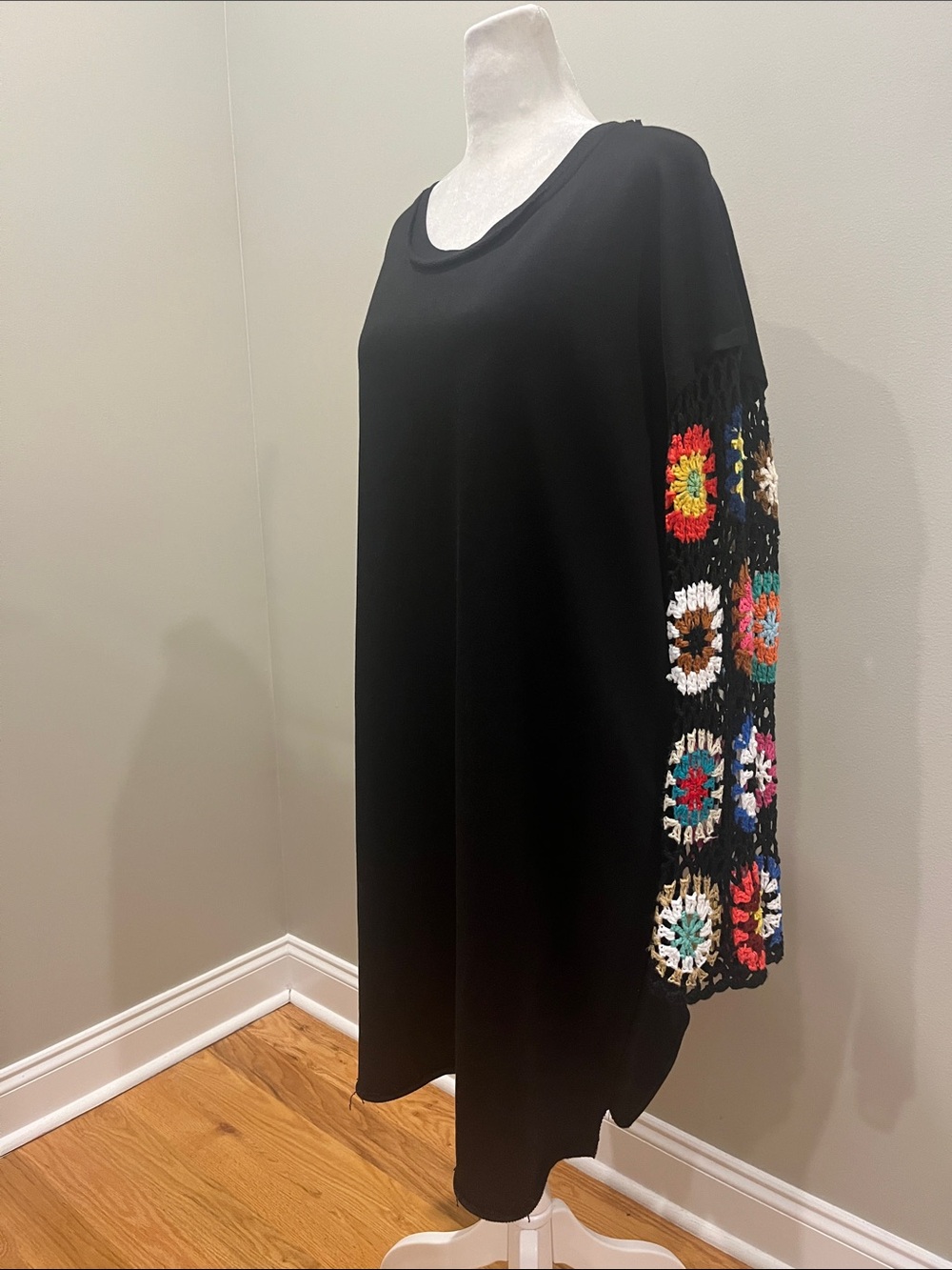 Umgee Black French Terry Dress Granny Square Sleeves